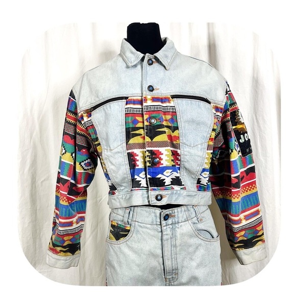VTG 80s Denim Primary Color Navajo Print Jacket and Jeans Matching Set - Picture 3 of 10